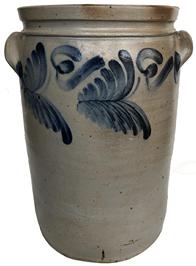 E472 Three-Gallon Stoneware Jar with Cobalt Floral Decoration, attributed to Richard C. Remmey, Philadelphia, PA, circa 1870, tall collar, and ribbed lug handles, decorated on the front and reverse with a two tulip conjoined at the stem. Cobalt highlights to handle terminals.measurements 14” tall 10 1/4 wide