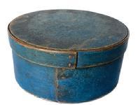 N442 Blue over original blue painted pantry box. Steamed and bent side construction secured with tiny tacks. Natural patina interior. Measurements: 8" diameter x 3 ¾ tall.