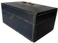 E273 19th century Document Box with the original indigo blue paint with mustard pin decorations, original hardward and lock and key nail construction, with square head nails, Meassurements are: 12" wide x 8" deep x 6 1/4" tall