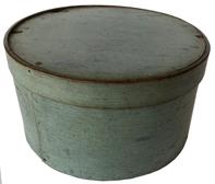 F205 Pantry box - thick steamed and bent walls with tiny square nails and tack construction in a light blue/green paint. Measurements: 10 1/2" diameter x 5 1/2" tall