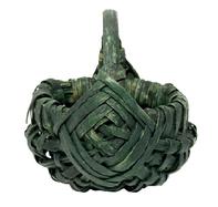 **SOLD** RM1644 Miniature rib and split oak hand-woven egg / buttocks basket in original dark green painted surface featuring single wrapped rim with Eye of the Wind God detailed weaving at junction of the two major ribs that construct the handle and rim. Minor losses to one side. Measurements: ~4 x ~3 ¾ tall.
