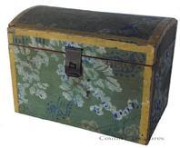 D192 19th century small Wallpaper-covered Wooden Dome-top Box, possibly Massachusetts, early 19th century, the wallpaper exterior is a floral design on a light blue field, trimmed with mustard. Measurements are 5 3/4" wide x 4" tall x 3 1/2" deep