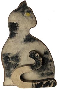 E520 Early 20th century wooden Cat, a great piece of folk art with wondeful black and white paint with yellow eye, the wood is thick and it can stand Measurements are 14" tall by 9 1/2" wide and 2" deep