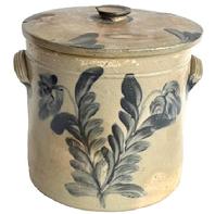 **SOLD** M64 19th century Cobalt decorated lidded Stoneware Storage / Cake Crock with applied handles attributed to Remmey of Philadelphia, Pennsylvania. Lid is also beautifully decorated with cobalt around the edge. Circa 1860s. Measurements: 8 x 8 ¼ top diameter x 7 ¾ tall without lid. Overall height with lid is ~9 to top of knob.