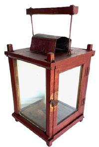 **SOLD** M85 19th century Pennsylvania original red painted wooden Lantern. Four bubbled glass panels are contained within a wooden pinned and post construction frame. Hinged door allows easy access to the candle.