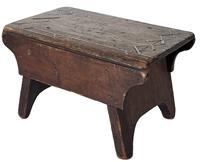 K1824 18th century Pennsylvania miniature inlaid stool with handwritten provenance attached to bottom. Individual inlaid wooden pieces on top create a geometrical pattern. Mortised drop aprons adorn each side. Splayed legs end in cut out feet. The ends of the top board are chamfered to make the top board appear to be thinner than it actually is. The wood is walnut with small T nail construction. The small handwritten note attached on the underside reads: This little stool belonged to Mother (Hannah C. Raymond) + had been in the family many years J L Raymond. Measurements: 7 3/8 long x 4 ¾ wide x 4 3/8 tall.