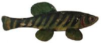 A390 Antiques Decoy, Hand Carved, Ice Fishing, perch beautiful Painted wood with attached metal fins and carved eyes, Length 9 1/2 " 4 3/4" wide x 3" tall Circa 1930