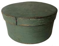 C205 New England 19th Century Pantry Box, with original dry green paint, with over lapping bentwood sides, secured with small metal tacks.