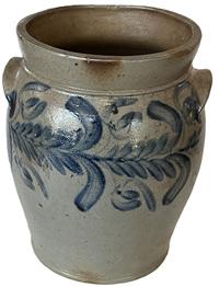 **SOLD** K1621 19th century cobalt blue decorated Stoneware Crock attributed to Remmey of Philadelphia, PA. Stamped 3. Some incised scarring prior to firing. Ovoid shape with tooled shoulder, grooved collar with flared rim and applied lug handles. Fantastic hand brushed Cobalt flowers and leaves encircle the crock along the shoulder. Circa 1840s-1860s.   Measurements: 9 top diameter x 13" tall.  