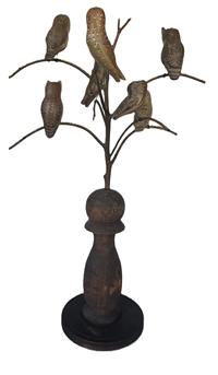 **SOLD** K1793 American, 20th Century Folk Art Owl Tree, with seven different beautifully hand carved and polychrome painted wooden Owls resting on steamed and bent branches. Mounted in a multi-tiered turned base for display.  Signed, and branded on bottom, "Ken Kirby". This Owl tree stands 27 ½ tall. It is 17 ½ across at the widest branches. (Bottom of base measures 8" diameter). Each of the owls vary in length from ~3 ½ to 4 ¾ long.  