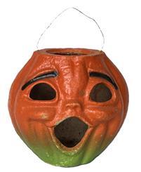 K1524 Paper Mache Pulp Pumpkin Choir Boy Jack O Lantern. Circa 1930-1940s. The lantern retains great original orange, black and green surface with very minor wear, what appears to be its original wire handle and is in very good condition for its age. Paper insert for eyes/mouth is missing. Pumpkin measures ~ 9 ½ at widest point and is 7 ½ tall not including handle.