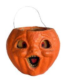 L312 1930s Rare, double sided, small sized Paper Mache Pulp Pumpkin Jack O Lantern. Circa 1930-1940s. The lantern is in very good condition and retains original orange surface with what appears to be its original wire handle. The paper inserts for eyes and mouth are present on both sides. Ink stamp on bottom depicts 49 inside a circle which could have been a price stamp. Approximate measurements: 7" wide x 5 ¼ deep x 5 ¼ tall not including handle.