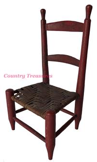 E553 Miniature Ladder Back Side Chair, Original Tomato-Red Paint, Original Seat ,turned tapering stiles with finials join two arched slats Pennsylvania, Circa 1800