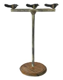 L108 Early 20th century Whirligig featuring three carved wooden birds perched atop a wooden post mounted on a circular base. Each of the birds retains its original black painted surface and swivels 360 degrees. Measurements:  11  11 ¼ base diameter x ~26 ½ tall. Each bird measures approximately 5 ¾ long x 5/8 thick x 1 ¾ tall. 