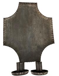 RM1092 Uniquely shaped Tin Two-light Candle Sconce with crimped edges, supporting two candle sockets with fluted dished cups. Measurements: 13” tall x 9 ¾” wide x 4” deep at base of cups