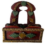 **SOLD** M99 19th century Tamp Art Wall Box with tall keyhole cut out back featuring applied floral motifs and hearts with chip carved edges in original polychrome painted surfaces including red, green and gold. This style of decorative art with these features and colors was popular during the 1870s through the early 1900s. Measurements: ~9 ¼ wide x 4 ¼ deep x 10 5/8 tall.