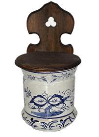 L173 Salt glazed porcelain Blue Onion Salt Crock / Storage Container with wooden lid. It can be hung on the wall or stands freely on a flat surface. Measurements: ~6 5/8 wide x ~6 ½ deep x 12 ¼ tall.