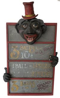 F160 Black Folk Art Ball Toss Carnival Game - "Hit Ol Josh's Hat - 3 Balls 10 c" to win prize(s). The hat was the 'target' - and when hit, the hat would move back causing Ol Josh's tongue to stick out! His tongue is painted with the words "GOOD LUCK" The head, hands, hat and tongue are all made of a composition type material, frame is wood and the "rules" are painted on metal screen. Overall Measurements: 21 1/4" wide (at hands) x 35 3/4" tall (at top hat)