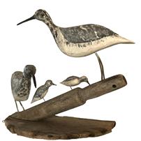 F44 Shore Birds from Eastern Shore, Virginia. Group of Shore Birds mounted on an old boat oar handle and part of a bushel basket bottom. Very unique.