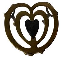 F92 19th Century Footed. ANTIQUE BRASS TRIVET. brass and iron heart shaped trivet, with maker's mark n bottom , 5"long x 4" tall