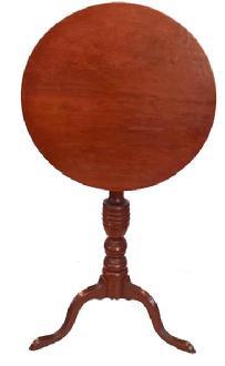 **SOLD** L104 Wonderful 18th Century tilt top candle stand in original dry red painted untouched surface. Solid wooden baluster turned column with three high arched applied legs. Circa 1790-1800. Measurements: 19 ½ x 20 diameter top. 29 ¼ tall with top up. Overall height is 39 ¾ tall with top down in stored position.