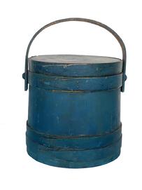 E370 19th century original blue painted Covered Wooden Firkin, tongue and groove softwood staved sides, tapered lap joint wood bands,helded in place with copper tacks with bent wood handle with wood peg attachments, 9 1/2" diameter x 10" tall