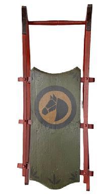L204 Folk Art painted wooden Child�s Sled featuring bittersweet red painted runners and a green paint decorated platform with a center medallion featuring a horse�s head painted by famous Folk Artist Arthur Glazier (1928-2015) from East Berlin, Pennsylvania. Signed on back �A. Glazier� - who was famous for these folk-art style paintings on Amish boards and other antique items. Approximate measurements: ~32 &frac12;� long x ~12 &frac34;� wide x ~11� tall.