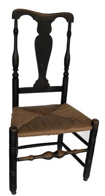 E329 Early 18th century New England Banister Back Chair, 19th century black paint , replaced rush seat, robust turnings,l circa 1740 Measurements are 39 1//2" tall x 20 1/2" wide x 15 1/2 " seat high !7" deep