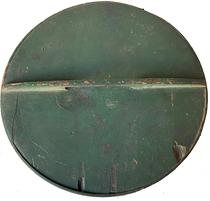 F102 Barrel Lid in the original dry green paint with sturdy handle and thick steamed and bent finger lapped edge. Measurements: 18 3/4" diameter x 1 1/2" tall