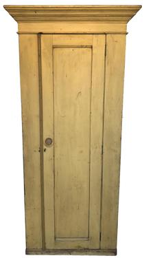 SP11 19th century New England one panel door Chimney Cupboard/ storage Cupboard with original mustard paint, wide applied crown molding at the top, one board construction 21" deep x 33 2/4" wide x 71 1/2" tall
