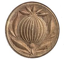 K56 19th century Pennsylvania butter print stamp depicting a deeply chip-carved Pineapple with leaves. Small, tight surface cracks from age. Dry, natural patina surface. Measurements: 4 3/8 x 4 5/8 diameter (slightly out of round) x 3 tall.