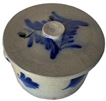 F154 Lidded Stoneware Cake Crock attributed to Remmey, Philadelphia, PA, circa 1865. Measurements with lid on: 10 3/4" diameter x 6 3/8" tall