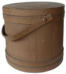 B460 New England original dry nutmeg painted Wooden Firkin, tongue and groove softwood staved sides, tapered lap joint wood bands, bent wood handle with wood peg attachments, 14"h. x 14-½"dia.