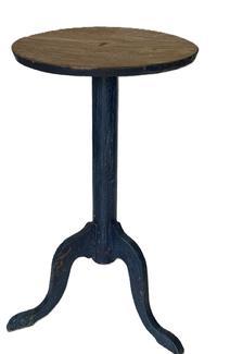 K1572 19th century Pennsylvania candlestand featuring a sturdy center post resting on tripod legs bearing old blue paint over an early apple green paint. The top is out of round and measures 15 x 16 diameter. Overall height is 29 tall.