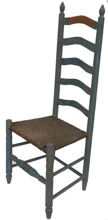 E524 Rare 18th Century Delaware River Valley ladder back side chair retaining it’s original blue paint. This chair shows all of the characteristics consistent with the style and period including bulbous turnings on the front stretcher, turned front legs, concave slats,and decorative finials. These chairs were first discovered along the Delaware River in Pennsylvania, New Jersey, Delaware, and Maryland measurements 45” tall 18 1/2” wide 15 1/2” deep