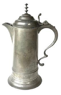 L255 Tall American early 19th century Pewter Flagon with dome shaped hinged lid with finial, sturdy spout, and scrolled handle. Prominently stamped on bottom: ”X” “Boardman & Co. New York”. The New York maker Boardman & Company existed between 1825–1827. Measurements: 5 7/8” diameter (bottom) x 12 ½” tall.