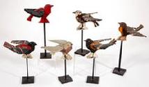 E217 SIX, carved and painted wooden Birds with stand for displaying , painted like a Baltimore Oriole . Each with an old painted surface.