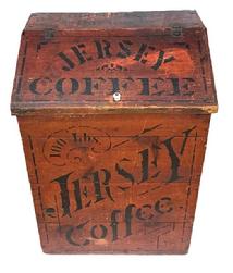 L271 Late 19th century General Store Coffee Bin for Jersey Coffee with its original pumpkin painted surface advertising 100 pounds Jersey Coffee stenciled in black on the front, and Pittsburg Pa stenciled on the back. Hinged slant front lid on top bears Jersey Coffee and Dayton Spice Mills Dayton O.. Circa 1885 1890s.