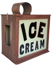 KW! Folk Art Ice Cream Parlor Soda Fountain Advertising lantern Sign,with a wooden frame and glass inserts, very unusual, in a triangle shap with a cut out vent on top mid 20th century 16" deep x 111/4" wide x 17" tall