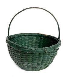 L223 Early 19th century Eastern Shore Maryland Gathering Basket bearing wonderful old green painted surface. Very well-woven round form with tightly wrapped double rim and a delicate steamed and bent, notched handle. Pushed up bottom allows for proper weight distribution and air flow. This basket is sturdy and in very good condition. Measurements: 10 x 10 ¼ across top opening. Sides are 5 tall. Overall height with handle is 10 ½ tall.
