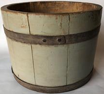 Y242 19th century wooden Measurer Composed of wooden staves banded by metal bands, this beautiful measurer 7 inches tall and measures 9 inches across the top. It has an original paint the inside of the bucket is old patina stamped on the bottom 4 quarts by maker probable from Massachusetts
