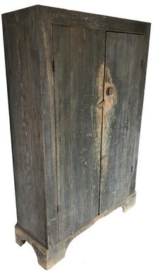 Z950 Mid 19th century Eastern Shore Maryland Two door flat wall Cupboard in the original dry pewter gray paint. The interior has the original dry salmon paint, yellow pine and poplar wood square head nail construction, simple form with a tall applied base. This Cupboard is from a private collection near Preston Maryland, circa 1850 Measurements 65 1/2" tall x 44 1/4" wide x 15 1/2" deep