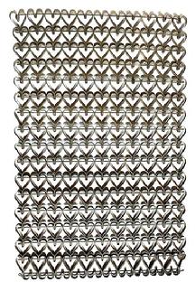 M49 19th century Folk Art Iron heart motif doormat constructed of individually handmade and bent heart shapes hooked together in a way that allows them to mold perfectly into the one next to it. These highly desirable heart mats were sometimes referred to as mud mats or sweetheart mats since the heavy metal would scrape mud from shoes/boots, and one was considered a sweetheart for the courtesy of doing so when entering a persons home. Circa 1880s-1920s. Measurements: 23 ¼ x 15 ¼ x ¼ thick.