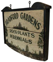 F69 Early 20th century wooden trade sign, advertising Bradford Gardens, Rock, Plants and Perennials. Measurements: 27 1/4" long x 20" tall