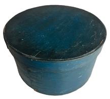 **SOLD** G670 Beautiful 19th century original dry blue painted pantry box in outstanding condition. heavy construction ,with steamed and bent sides secured with tiny wooden pegs and tacks. Great natural patina inside. Very sturdy.