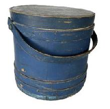 RM1401 19th century Pennsylvania beautiful original indigo blue painted firkin with tongue and grooved staved sides secured with steamed and bentwood bands. Each band is secured with small tacks and one tiny staple at the end of the fingerlap. Stunning dry blue painted surface. Clean interior. Measurements: 11 7/8 diameter (top) x 12 ¼ diameter (bottom) x 11 ¾ tall.