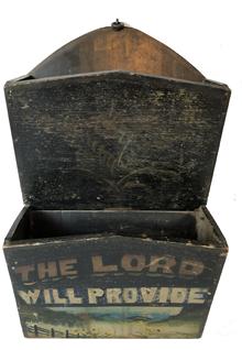 E218 19th century Southern double Wall Box with the original black painted, nailed construction, with original wrought-iron hanger, two-tier form with canted fronts. With later painted flower on one tier and "THE LORD WILL PROVIDE" with a sun rising above the mountains on the second tier, 19th century. 24" H, 14" W, 6" D.