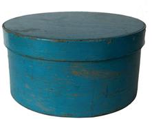 F155 Original Blue Painted round wooden Pantry Box in excellent old robin egg blue paint, ca. 1880. Bentwood box with tack bands, old robin egg blue over the original exterior with natural patina on the inside. Measurements: 10" diameter x 5 1/2" tall
