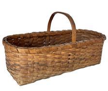 **SOLD** L344A Early rectangular shaped hand-woven splint basket bearing its natural patina surface. This nicely woven basket features a single-wrapped double-rim with a notched, steamed and bent handle. Rim and handle are double secured with tiny tacks. Measurements: 13 ½ long x 6 ¼ wide x 4 tall (sides). Overall height at handle is ~7 tall.