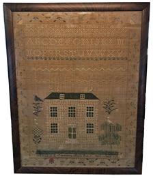 E431 1827 Sampler by Margarea L. Ghamber. born Feb 3 1827 at the age of 11 years , Framed in an old wood frame under glass . The sampler is worked in silk on linen ground, in a variety of stitches. Meandering floral border. Colors black, cream, green, brown and red. Measurements are: 25" tall x 19" wide